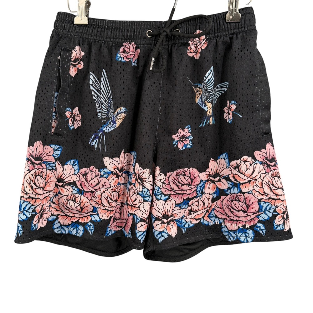 YoungLA Mesh Shorts Size Small Black Floral Hummingbird